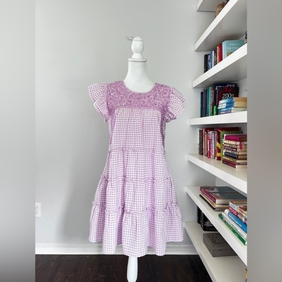 J. Marie Lavender Gingham Embroidered mini Dress 100% Cotton size small - Picture 1 of 13